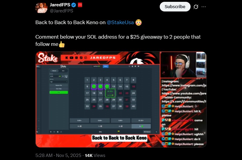 Twitter JaredFPS Back to Back Stake Keno